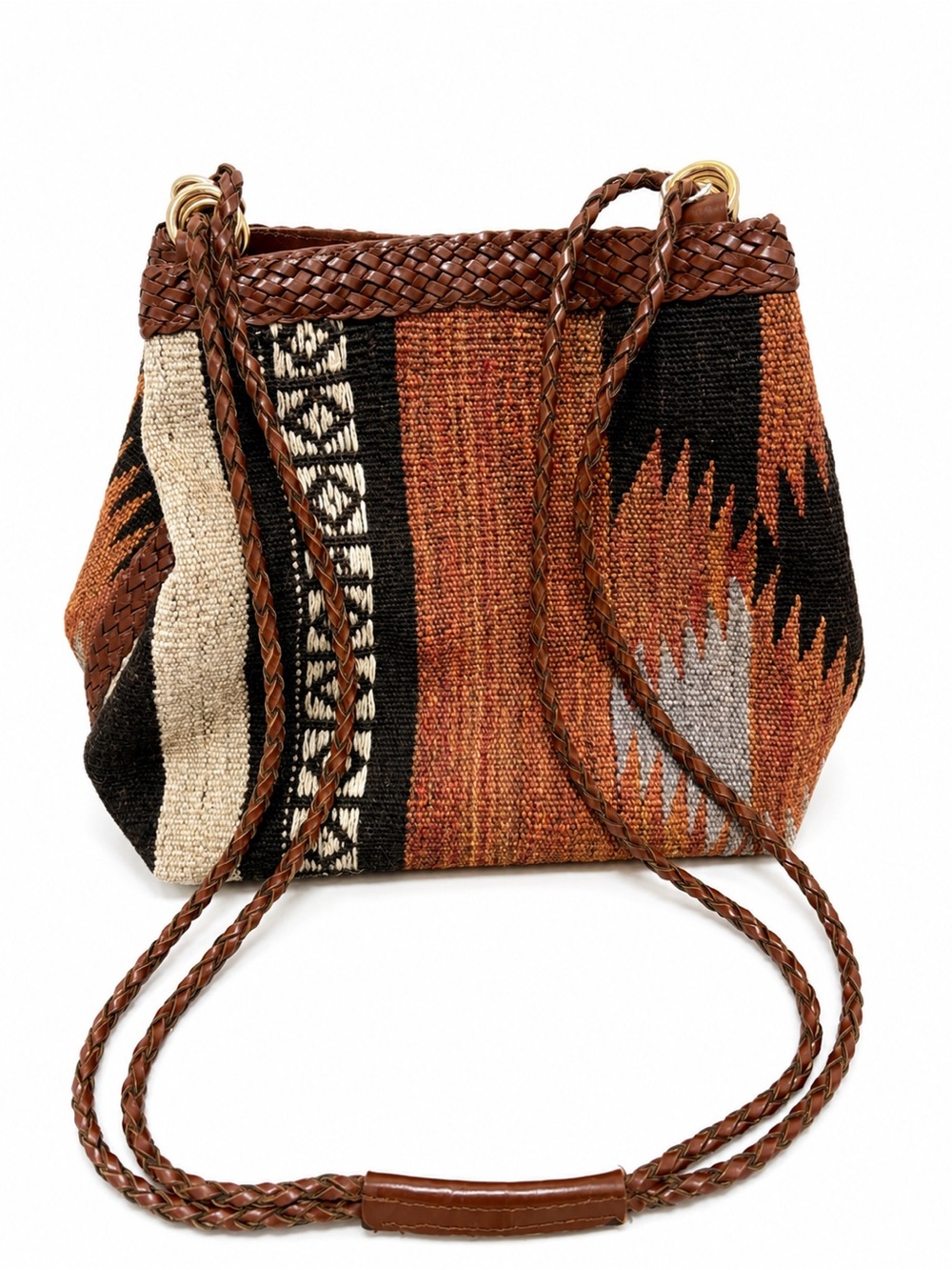 Vintage L.J. Simone Kilim Wool Aztec Southwestern Boho Woven Leather Bucket Bag